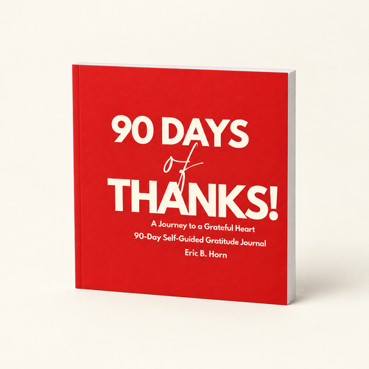 90 Days of Thanks square red paperback journal on a warm ivory background